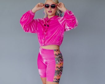 Bike Shorts in Pink Velvet and Foil Mesh