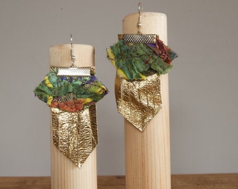 Gold Rectangle Leather Embellished Earrings