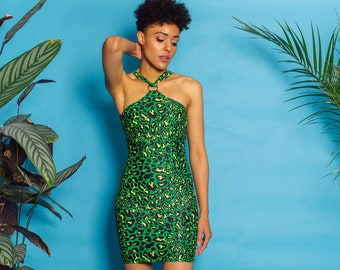 O-Ring Halter Dress in Green Leopard