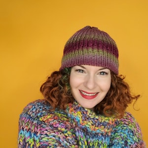 Striped Beanie Hat in Plum and Green image 1