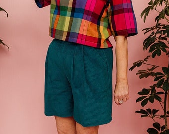 Pleated Shorts in Teal Cord