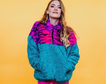 Pullover met halve rits in turkoois en Carnival Tiger