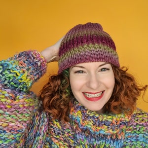 Striped Beanie Hat in Plum and Green image 3