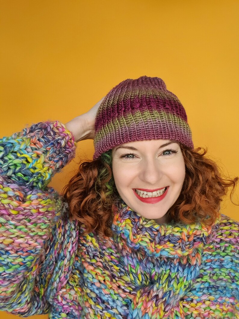 Striped Beanie Hat in Plum and Green image 3