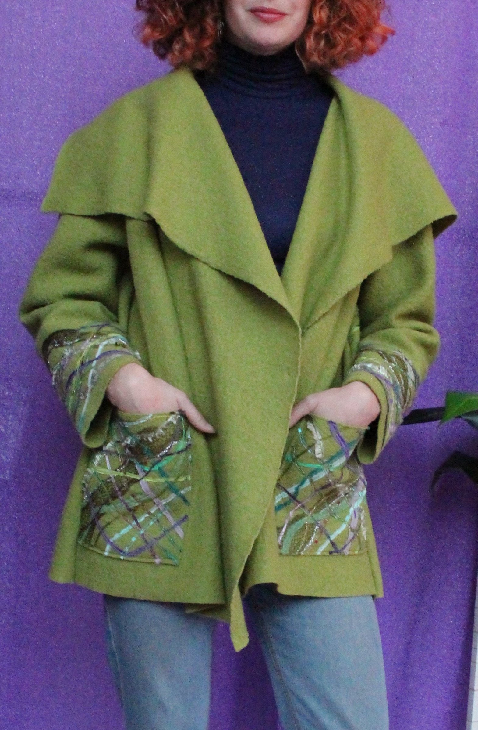 Image of Embellished Wool Coat in Olive Green