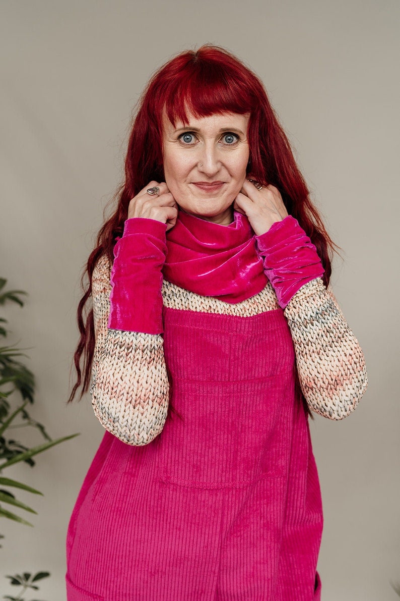 Velvet Cowl and Wrist Warmers Set in Bright Pink image 1