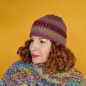 Striped Beanie Hat in Plum and Green image 2