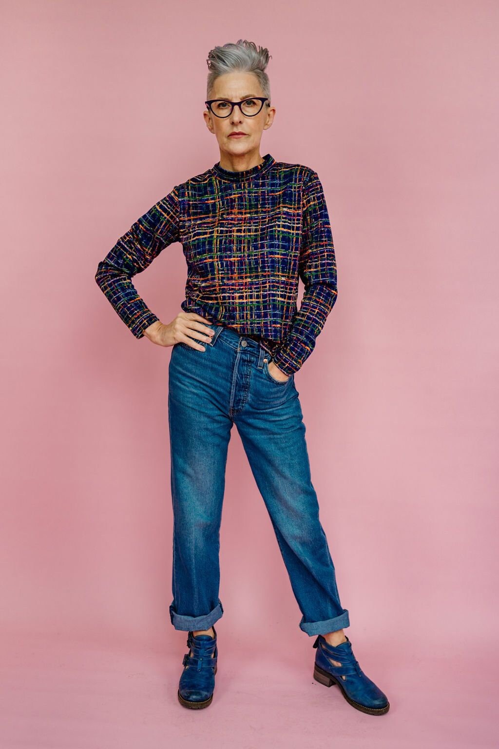 Image of Navy Print Mock Turtleneck Long Sleeve Tee