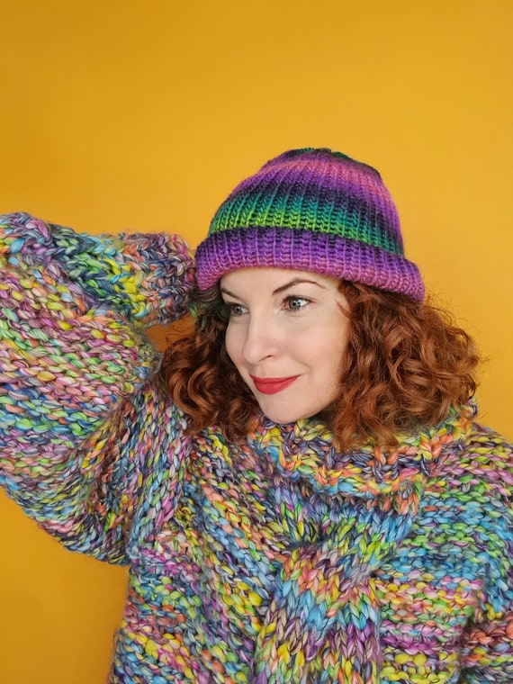 Striped Beanie Hat in Purple and Green 