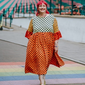 Ruffle Smock Dress in Rainbow Polka Dot 1