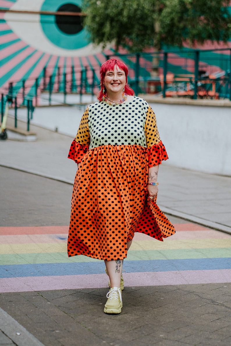 Ruffle Smock Dress in Rainbow Polka Dot 1