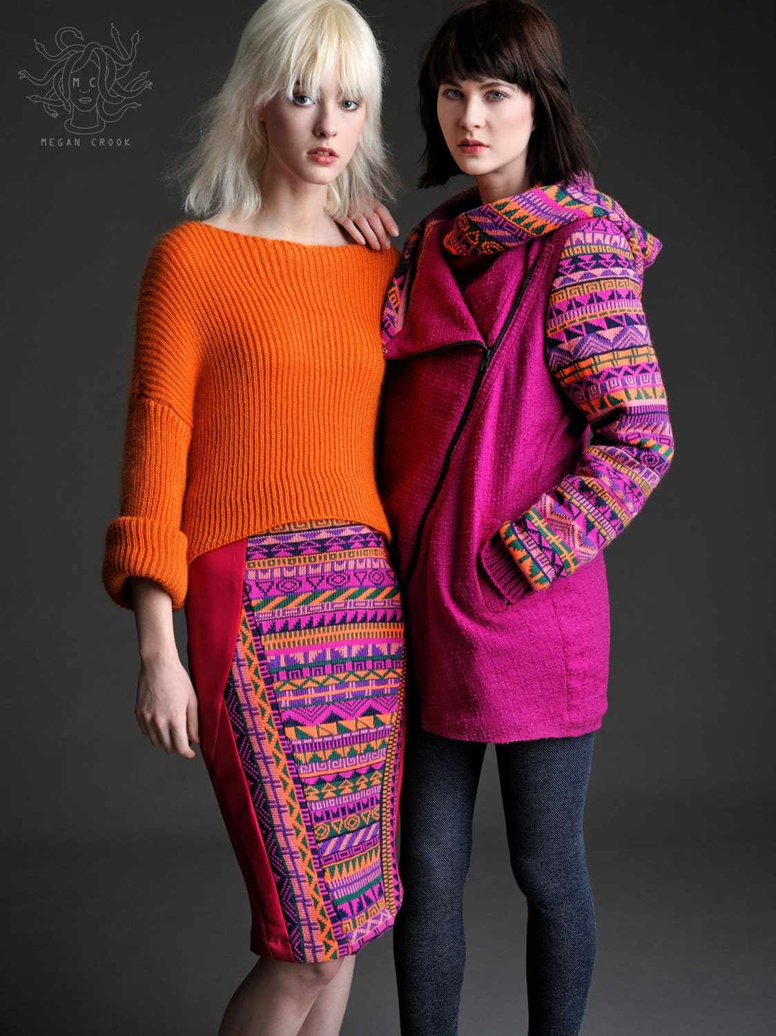 Image of Fairisle Pencil Skirt in Pink, Orange, & Purple Geometric Pattern By Megan Crook