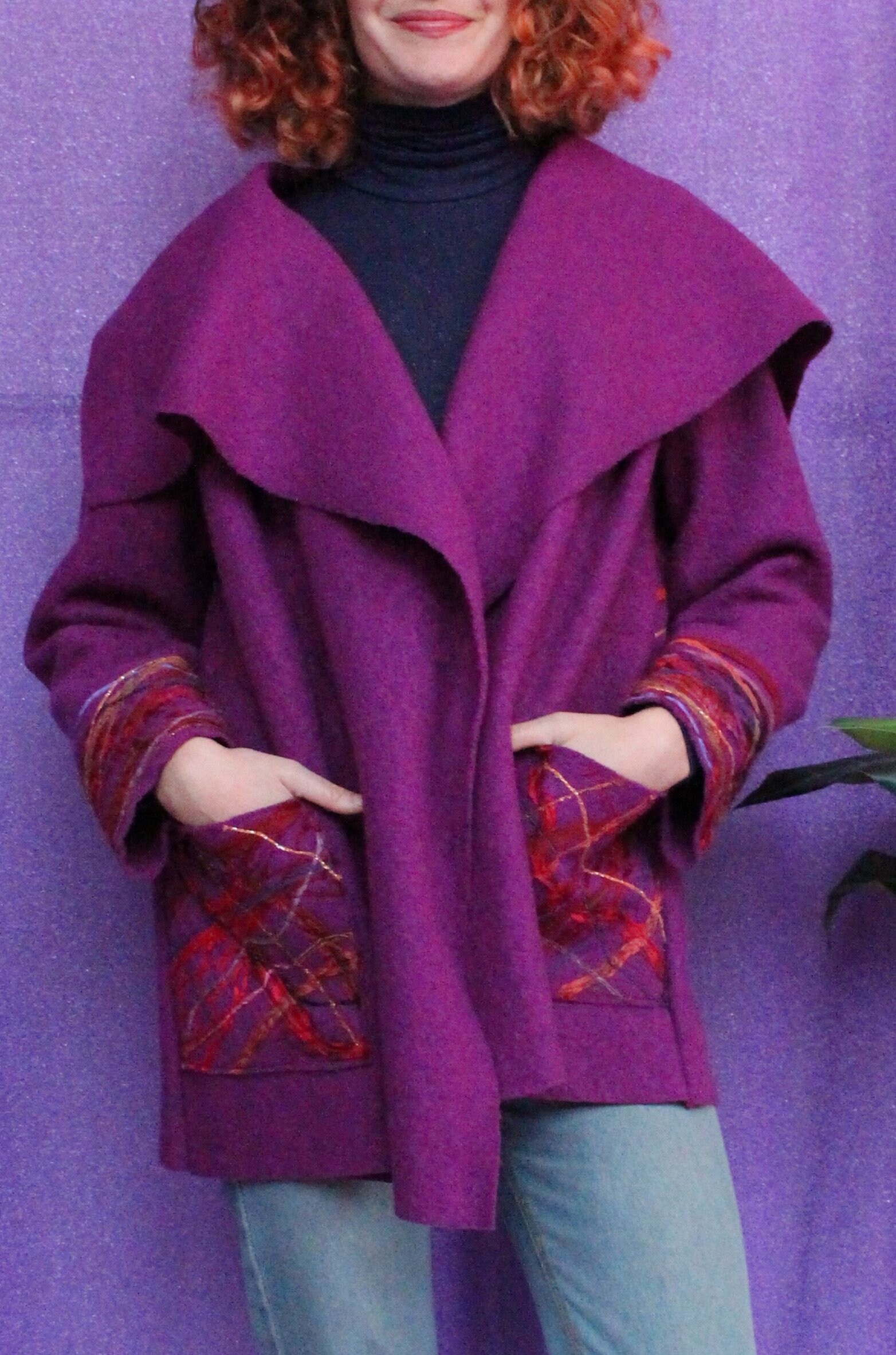 Image of Embellished Wool Coat in Berry