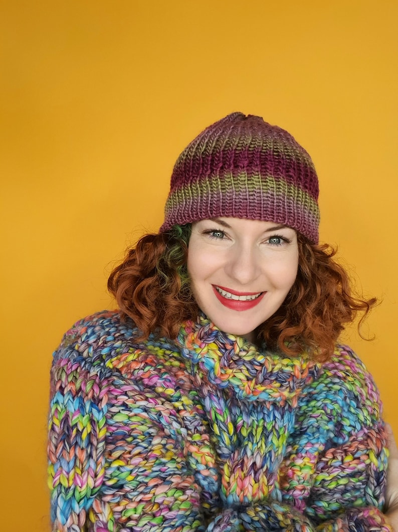 Striped Beanie Hat in Plum and Green image 1