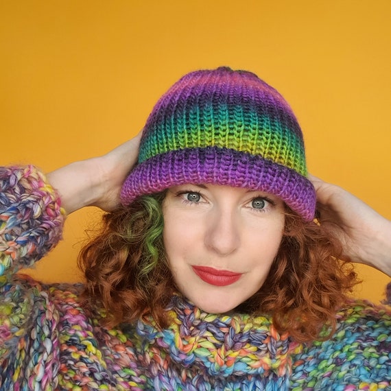 Striped Beanie Hat in Purple and Green 