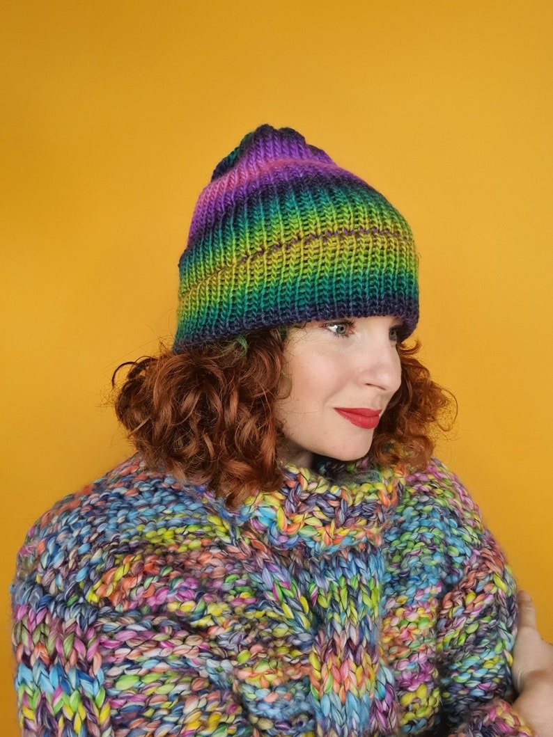 Striped Beanie Hat in Purple and Green 