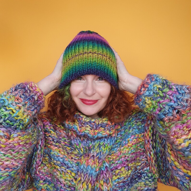 Striped Beanie Hat in Purple and Green 