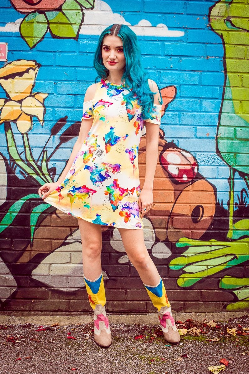 Image of Cold Shoulder Dress in World Map Watercolour Print By Get Crooked