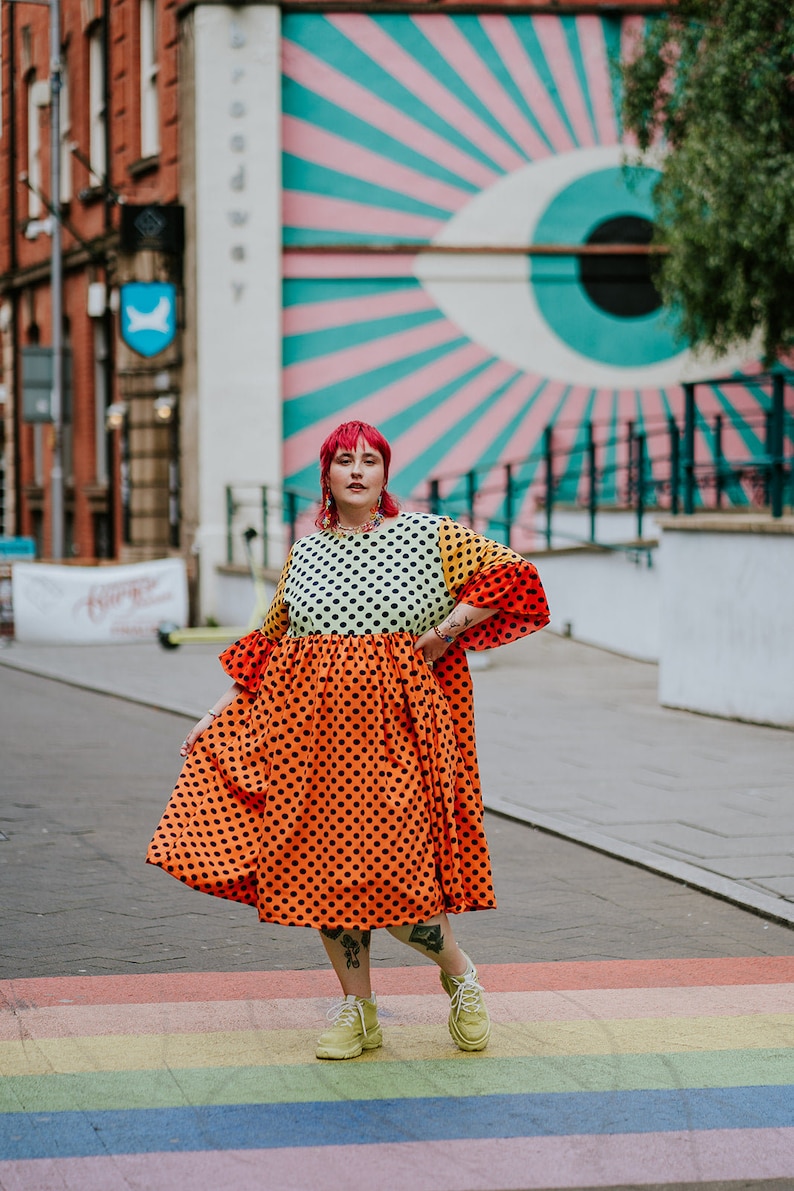 Ruffle Smock Dress in Rainbow Polka Dot 7