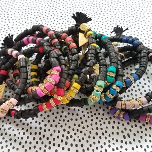 Marianna Mae BLACK COLLECTION- beaded stretch coco bracelet with tassel and rhinestone rondelles - Single Bracelet
