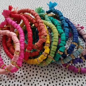 Marianna Mae SOLIDS- beaded stretch coco bracelet with tassel and rhinestone rondelles - Single Bracelet