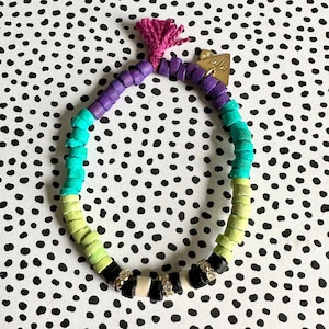 Marianna Mae Colorblock - beaded stretch coco bracelet with tassel and rhinestone rondelles- GREEN/TURQUOISE/PURPLE