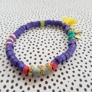 Marianna Mae Classic Bright beaded stretch coco bracelet with tassel and rhinestone rondelles- PURPLE
