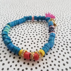 Marianna Mae fClassic Bright beaded stretch coco bracelet with tassel and rhinestone rondelles- TURQUOISE BLUE