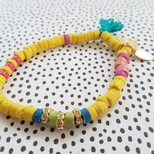 Marianna Mae Classic Bright beaded stretch coco bracelet with tassel and rhinestone rondelles- YELLOW
