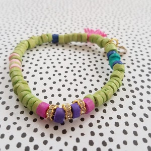 Marianna Mae Classic Bright beaded stretch coco bracelet with tassel and rhinestone rondelles- LIME GREEN