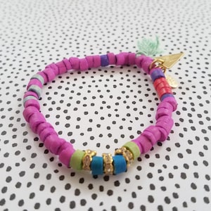 Marianna Mae Classic Bright beaded stretch coco bracelet with tassel and rhinestone rondelles- FUSCHIA