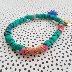 Marianna Mae Classic Bright beaded stretch coco bracelet with tassel and rhinestone rondelles- TEAL GREEN
