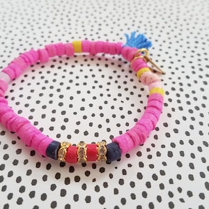 Marianna Mae Classic Bright beaded stretch coco bracelet with tassel and rhinestone rondelles- HOT PINK
