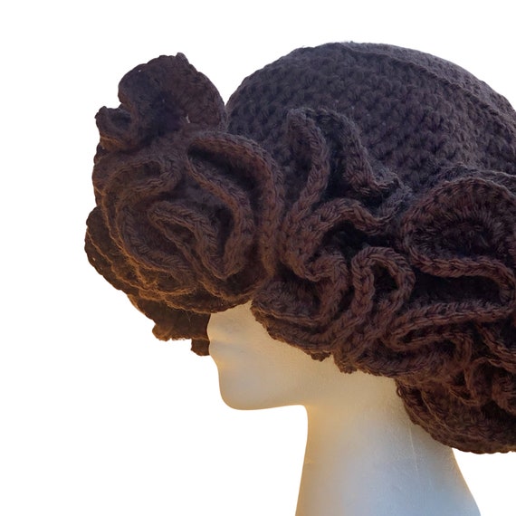 ?Dark Chocolate Brown Handmade Crochet Ruffled Bucket  Hat? Cream to Brown Ombré Big Ruffle Handmade Crochet Bucket Hat  main image 2