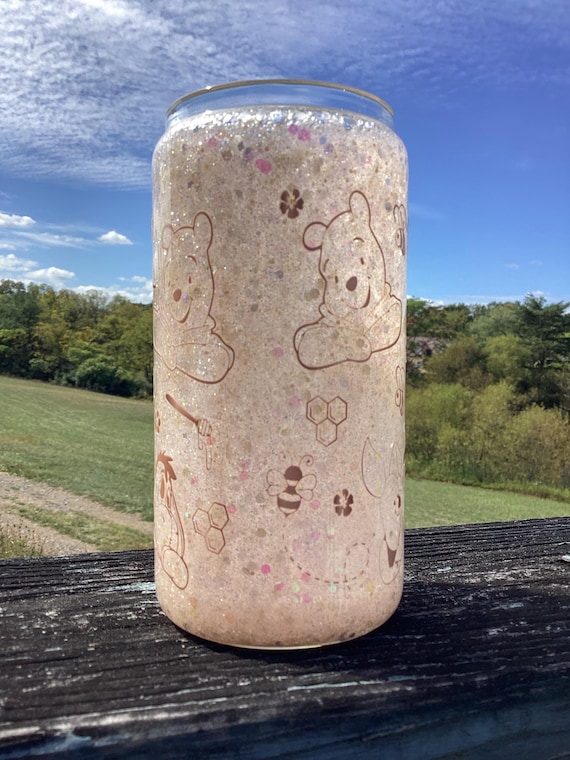 Peachy Pooh And Friends Snow Globe Beer Tumbler | Beer Can Shape | Glass | Sparkle | Premade | Glitter | UV DTF | 16oz | Peach Ready to Ship