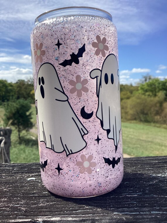 Ghosts And Petals Snow Globe Beer Tumbler | Beer Can Shape | Glass | Fast Flow | Sparkle | Premade Glitter | UV DTF | 16oz Ghost | Spooky