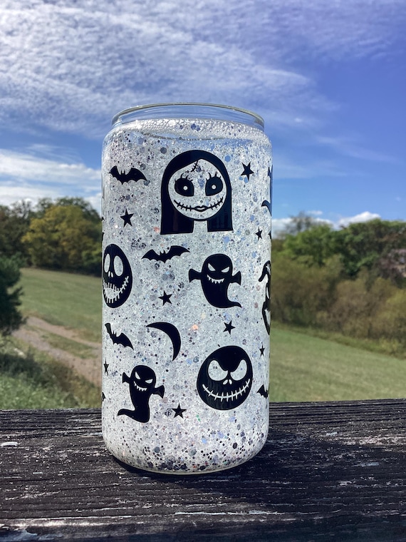 Monochrome Nightmare Before Christmas Snow Globe Beer Tumbler | Beer Can Shape | Glass | Sparkle | Premade Glitter | UV DTF | 16oz