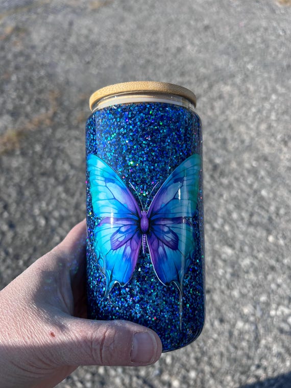 Butterfly Blues Snow Globe Beer Tumbler | Beer Can Shape | Glass | Slow Flow | No Go | Sparkle | Premade Glitter | UV DTF | 16oz