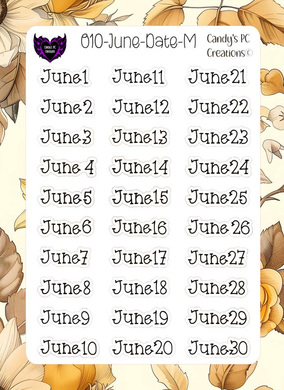 Month-Date Sticker | June | Journal | Font | Bullet Journal | EC | Redate | Functional | Happy | Date | Small | Medium | Large | Planner