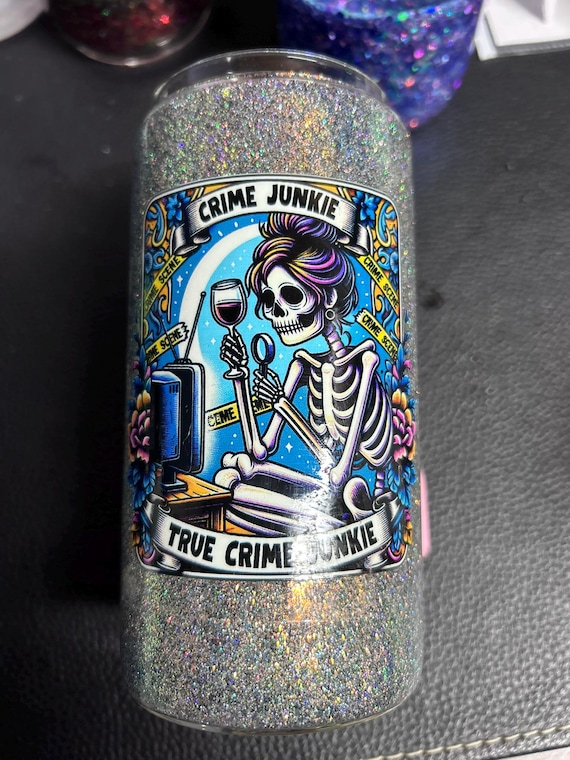 Crime Junkie Snow Globe | Snow Globe Beer Tumbler | Glitter | Beer Can Shape | Glass | Slow Flow | Fast Flow | No Go | Sparkle | Glass