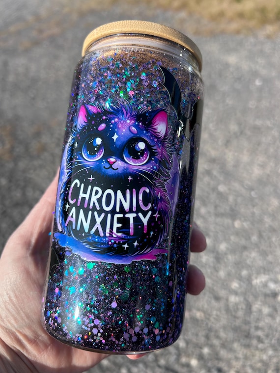 Chronic Anxiety Kitty Snow Globe Beer Tumbler | Beer Can Shape | Glass | Fast Flow | Sparkle | Premade | Glitter | UV DTF | 16oz