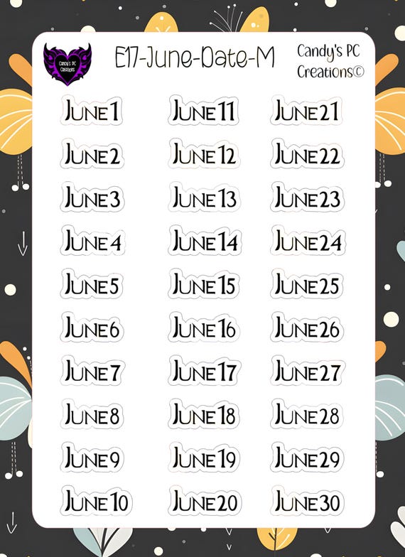 Month-Date Sticker | June | Journal | Font | Bullet Journal | EC | Redate | Functional | Happy | Date | Small | Medium | Large | Planner