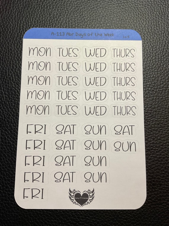 Abbreviated Days of the Week | Planner Stickers | Functional | Matte | Day Sticker | Erin Condren | Fonts | Bullet Journal | Happy Planner