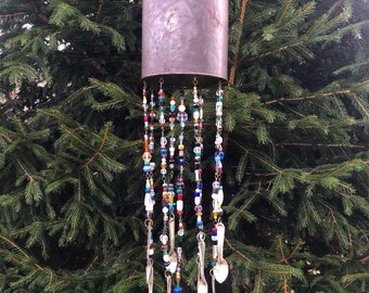 Repurposed Recycled Vintage Coffee Tin Glass Beads and Tin Dairy Spoons Mobile