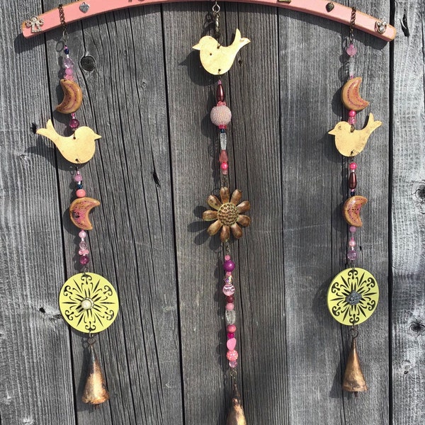 Repurposed Recycled Pink Wood Hangers Birds Moons and Bells Mobile