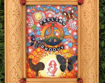 Repurposed Recycled Feeling Groovy Peace and Butterflies Mixed Media Assemblage Art