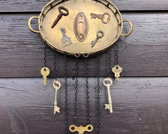 Repurposed Recycled Keys and Brass Tray Mobile