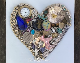 Repurposed Recycled Valentine Heart Mixed Media Assemblage Collage Wall Art