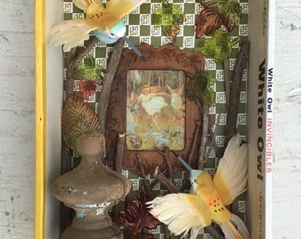 Repurposed Recycled Hummingbirds and Fairies Diorama Mixed Media Assemblage Collage Cigar Box