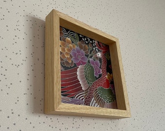 Wall frame with Japanese fabric, Crane, 14x14cm